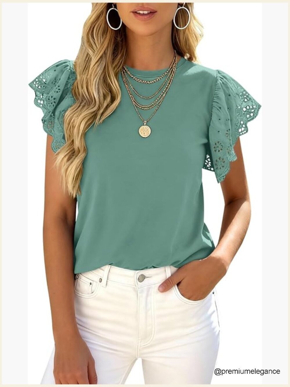 Dressy Casual Crewneck Tee with Flutter Sleeves Lace Hollow Out Stretchy Summer